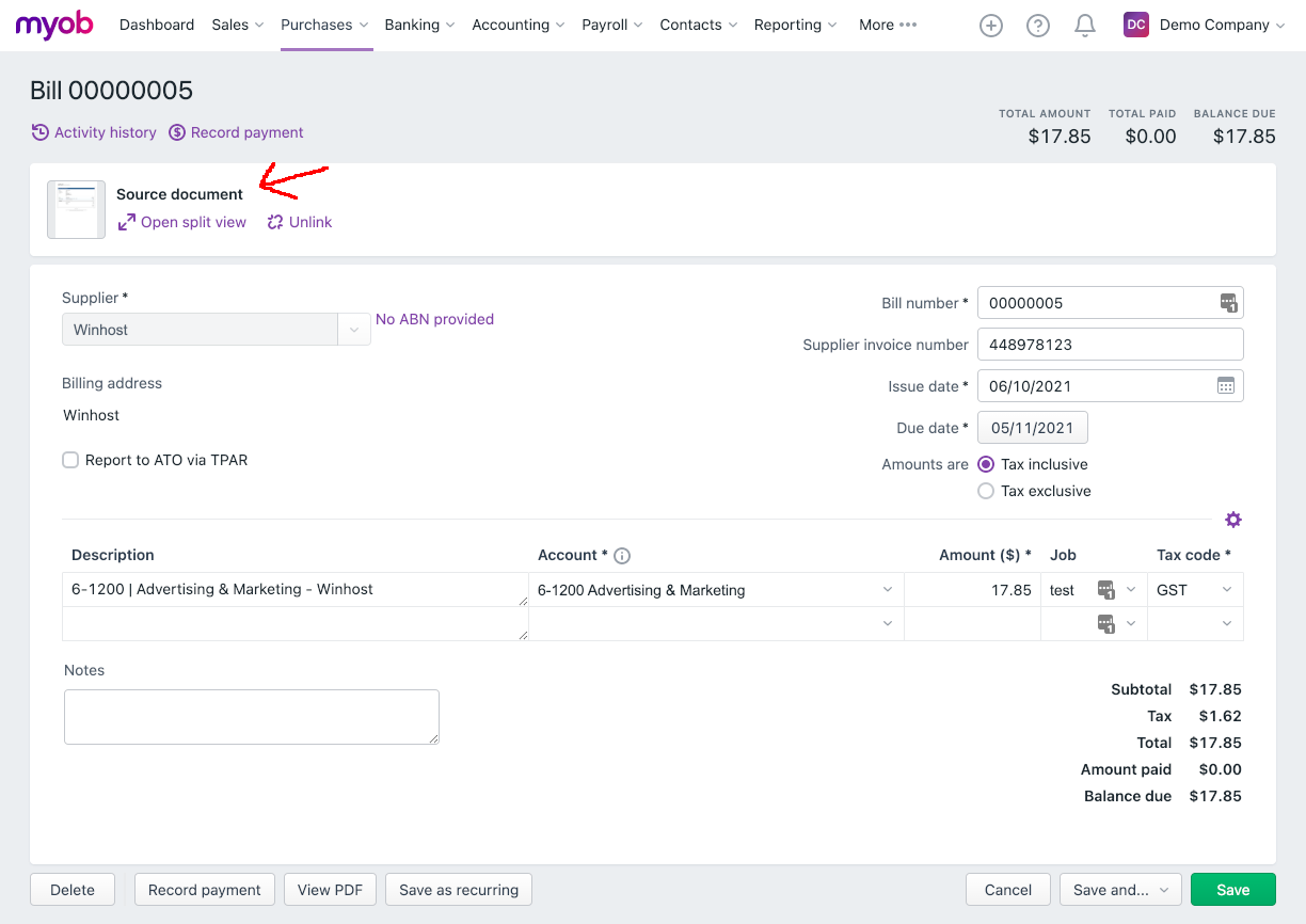Attach File to MYOB Business Bill