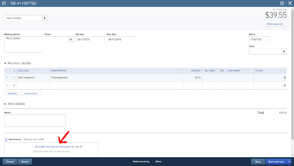 File attached to QuickBooks Online Bill