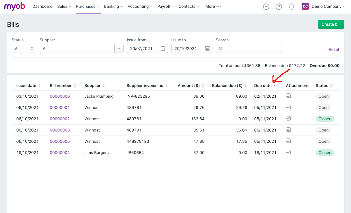 Sort Bills by Due Date in MYOB Business