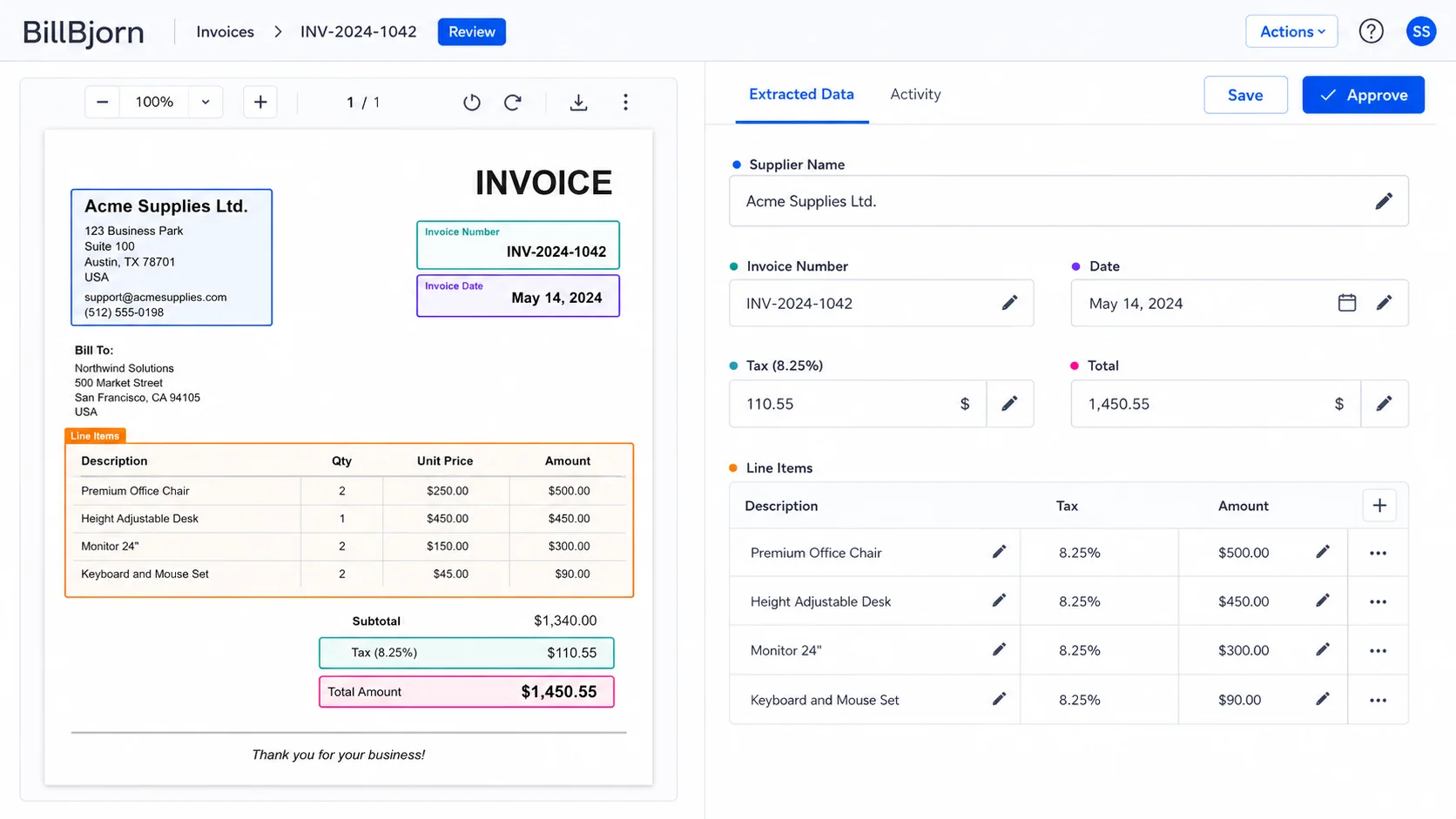 AI extracting fields from an invoice email attachment