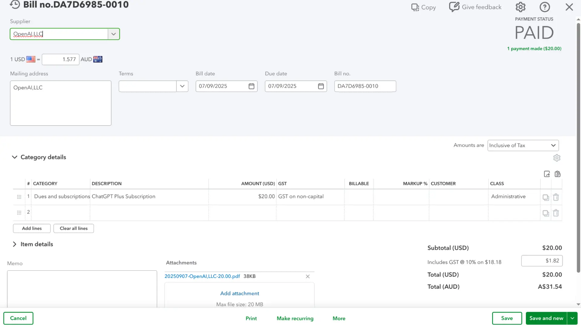 Foreign Currency Bill in QuickBooks Online