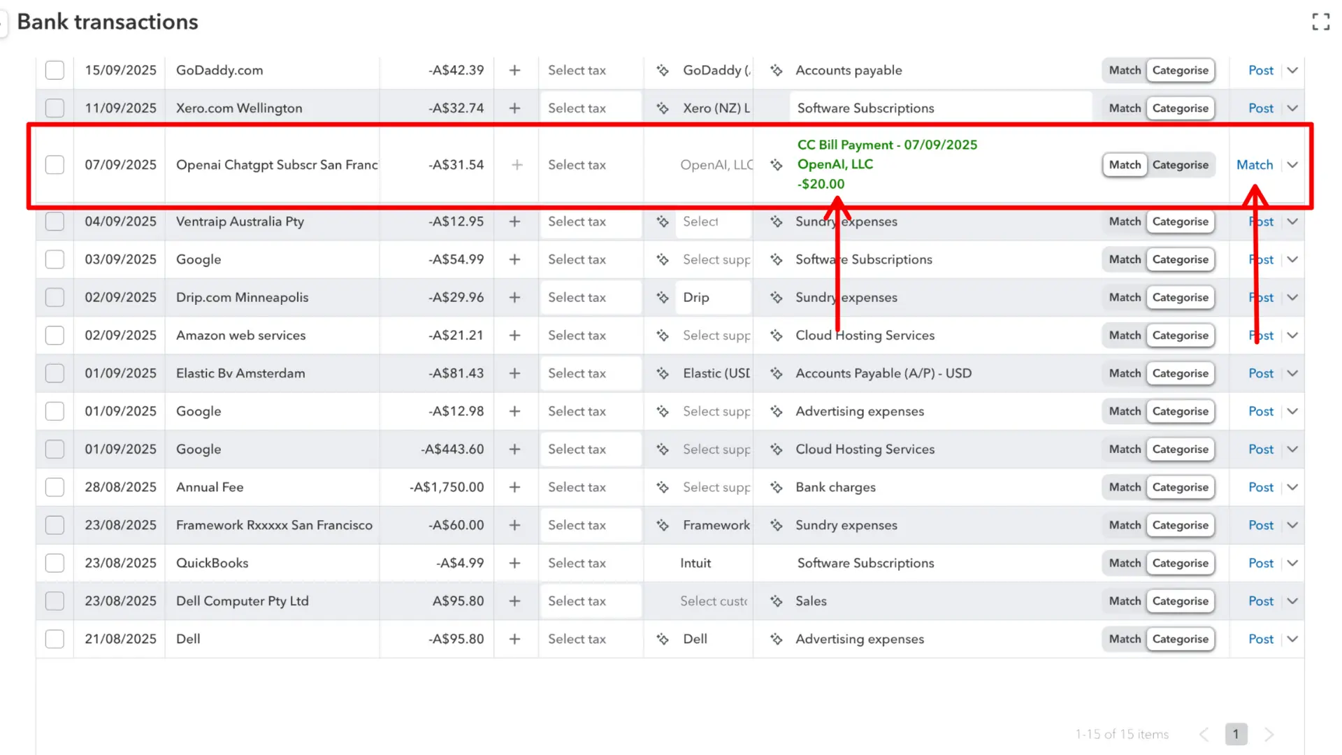 QuickBooks Online Bank Transaction List highlighting the matched item